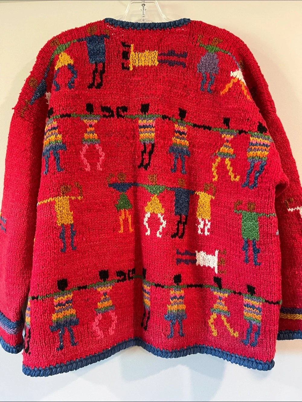 Amano - Vintage, Red Knit Folk Art Cardigan with Multicolor Figures
